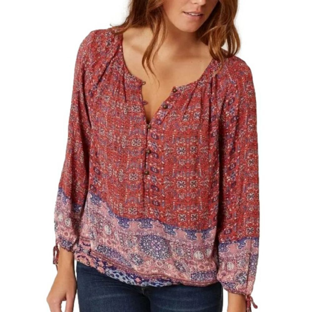Lucky Brand XS Boho Peasant Top Blouse Long Sleeve Flowy Feminine Floral Print